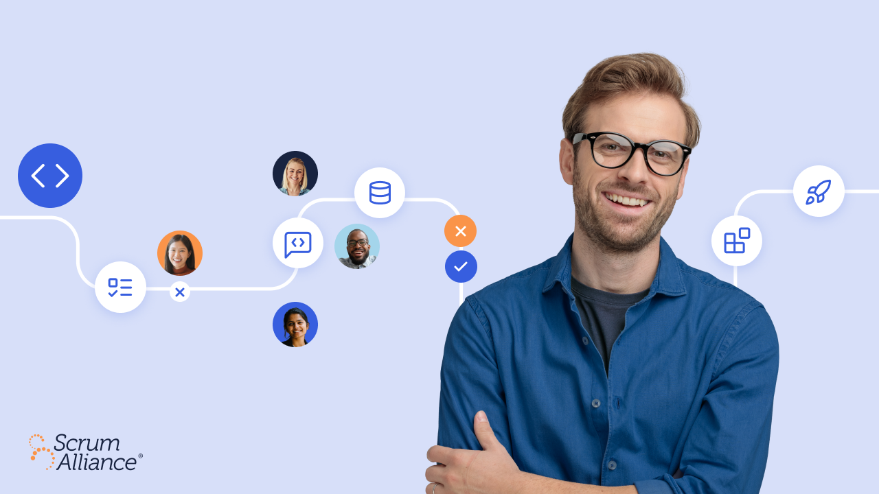 A Scrum Alliance graphic with a man in the foreground and the concept of collaboration in the background